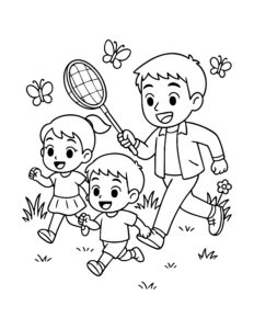 Kleurplaat van vader en kinderen die samen vlinders vangen in het gras