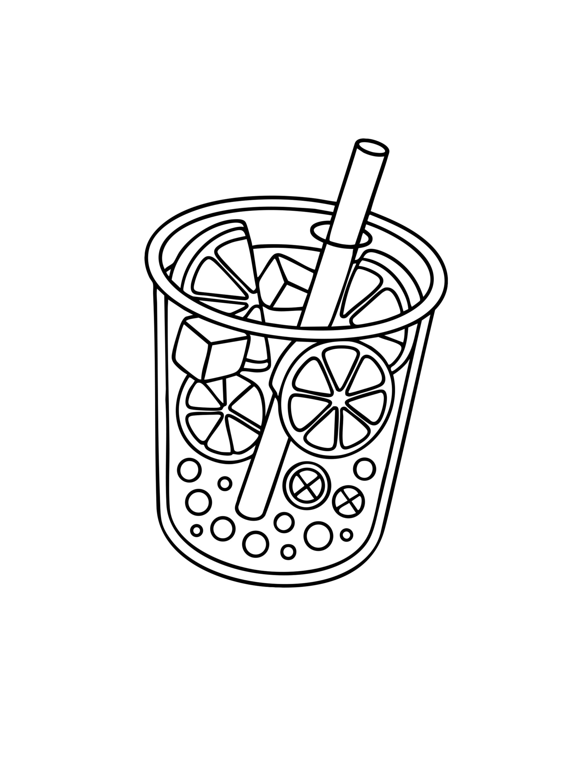 Gratis kleurplaat van een zomers drankje met ijsblokjes, citrus en rietje