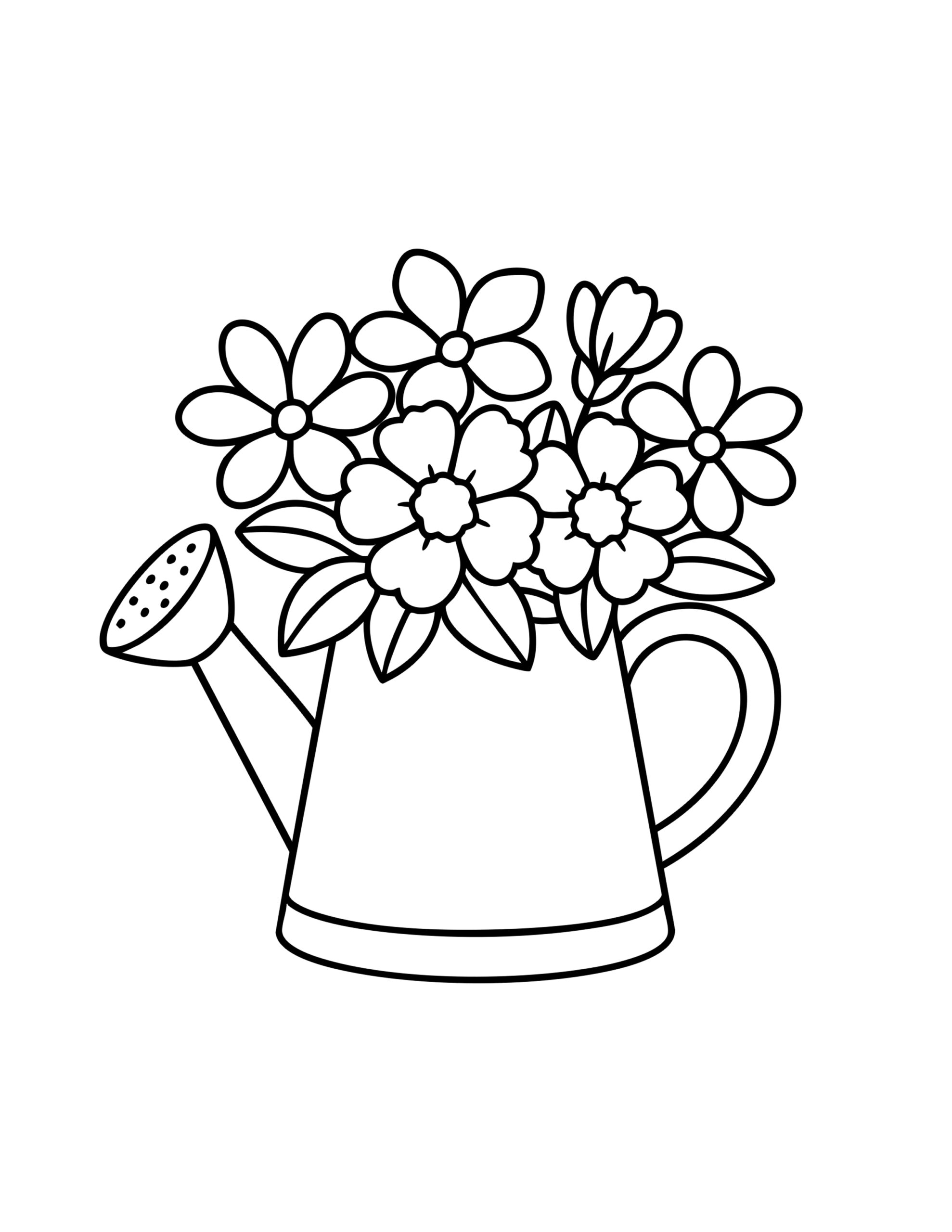 Gratis kleurplaat van een gieter gevuld met vrolijke bloemen om in te kleuren