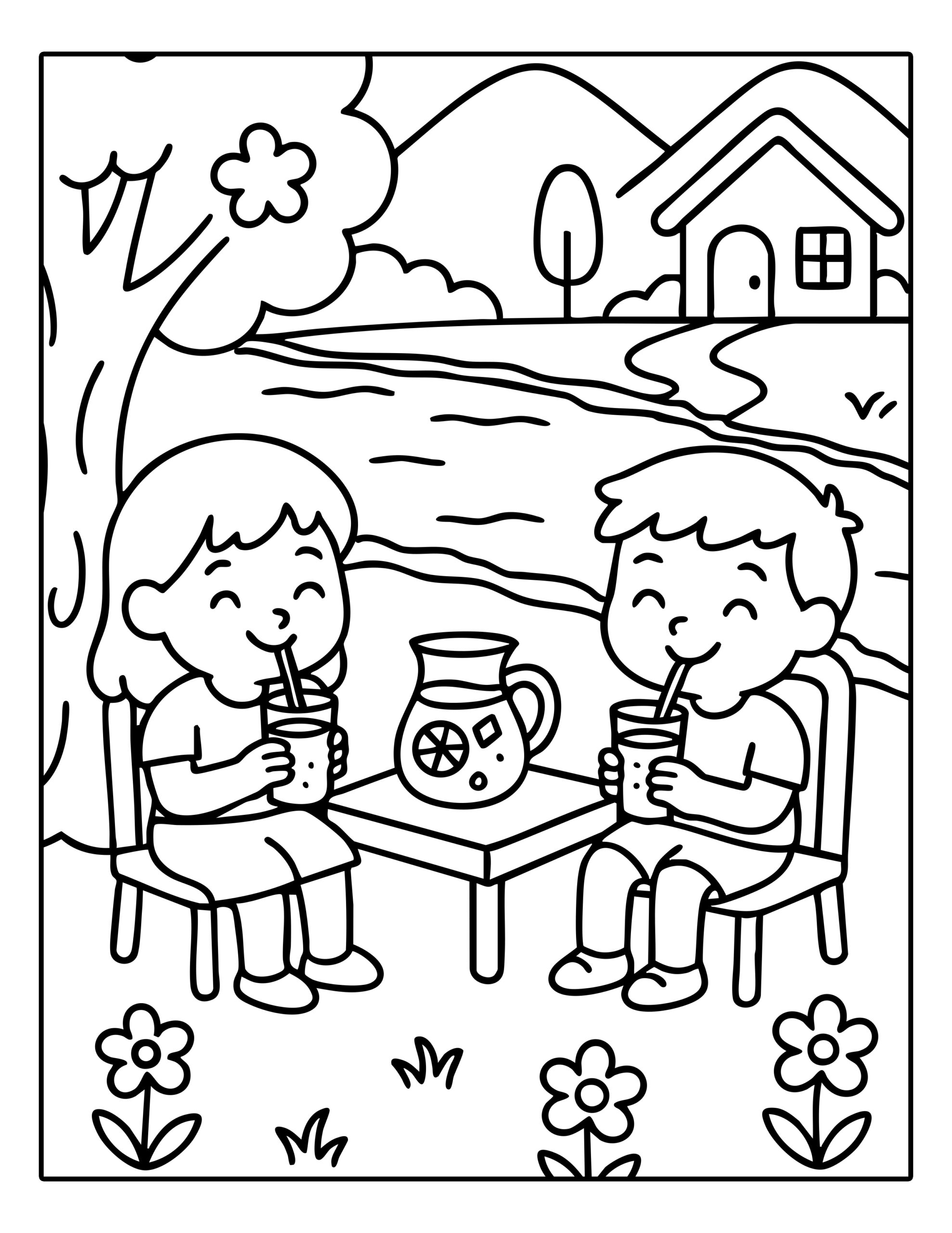 Gratis kleurplaat van twee kinderen die buiten limonade drinken aan een tafeltje met een kan limonade