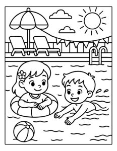 Gratis kleurplaat van een jongen en meisje die samen zwemmen in een zomers zwembad met zon en strandbal