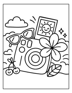 Gratis kleurplaat van een camera met zonnebril, bloesem, kersen en zonnetje op een foto – zomerse sfeer