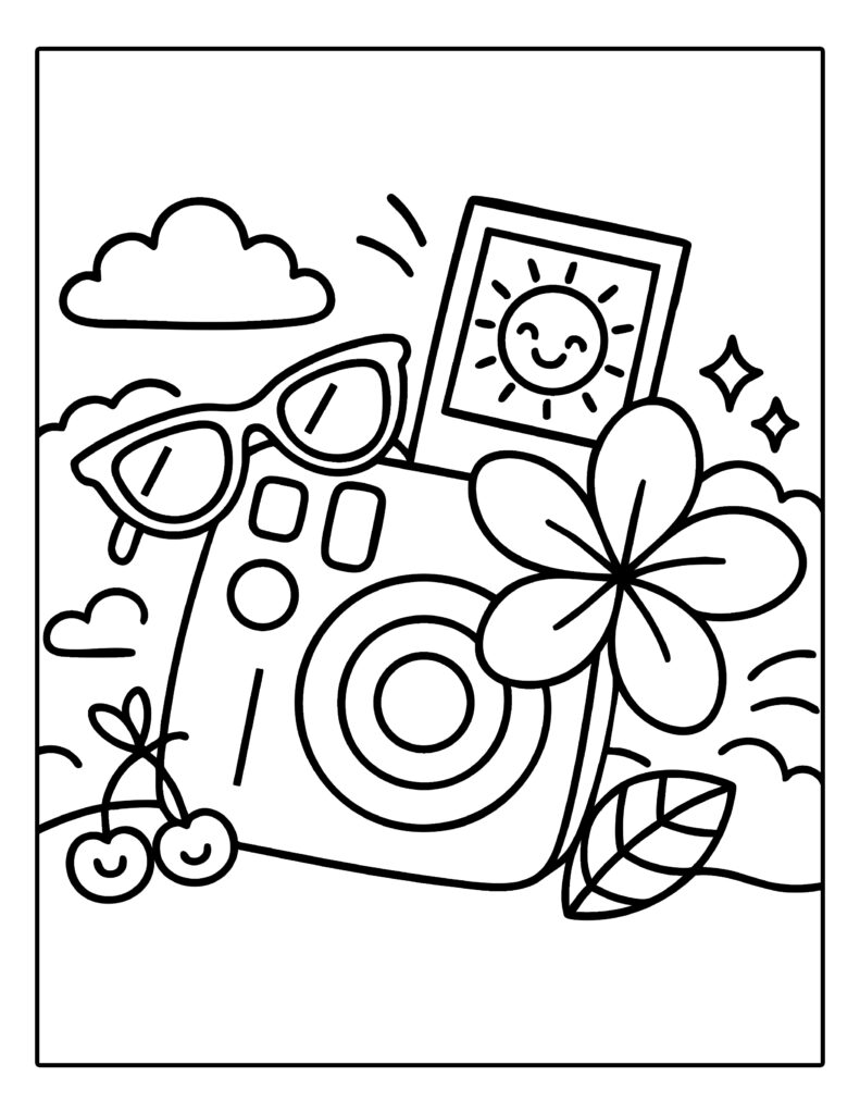 Gratis kleurplaat van een camera met zonnebril, bloesem, kersen en zonnetje op een foto – zomerse sfeer