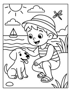 Gratis kleurplaat van een jongen die een hond aait op het strand bij de zee