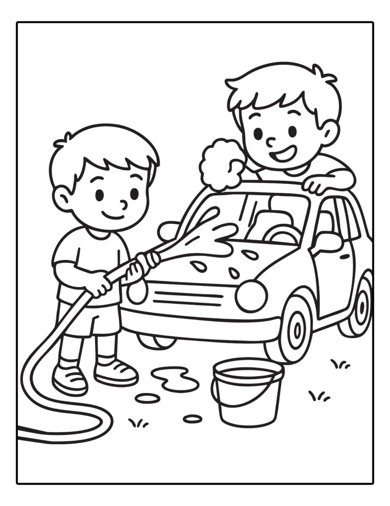 Gratis kleurplaat van twee kinderen die samen een auto schoonmaken met water en schuim