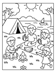 Gratis kleurplaat van een gezin dat kampeert in de natuur met een tent, kampvuur en picknick