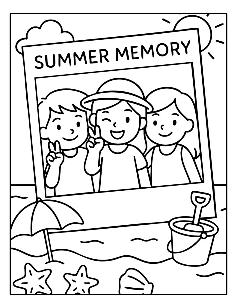 Gratis kleurplaat van drie kinderen die poseren voor een zomerse strandfoto met de tekst ‘Summer Memory’