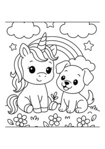 Kleurplaat van een eenhoorn en puppy onder een regenboog met bloemen