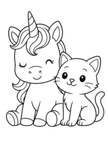 Kleurplaat van een slapende eenhoorn met een schattige kat