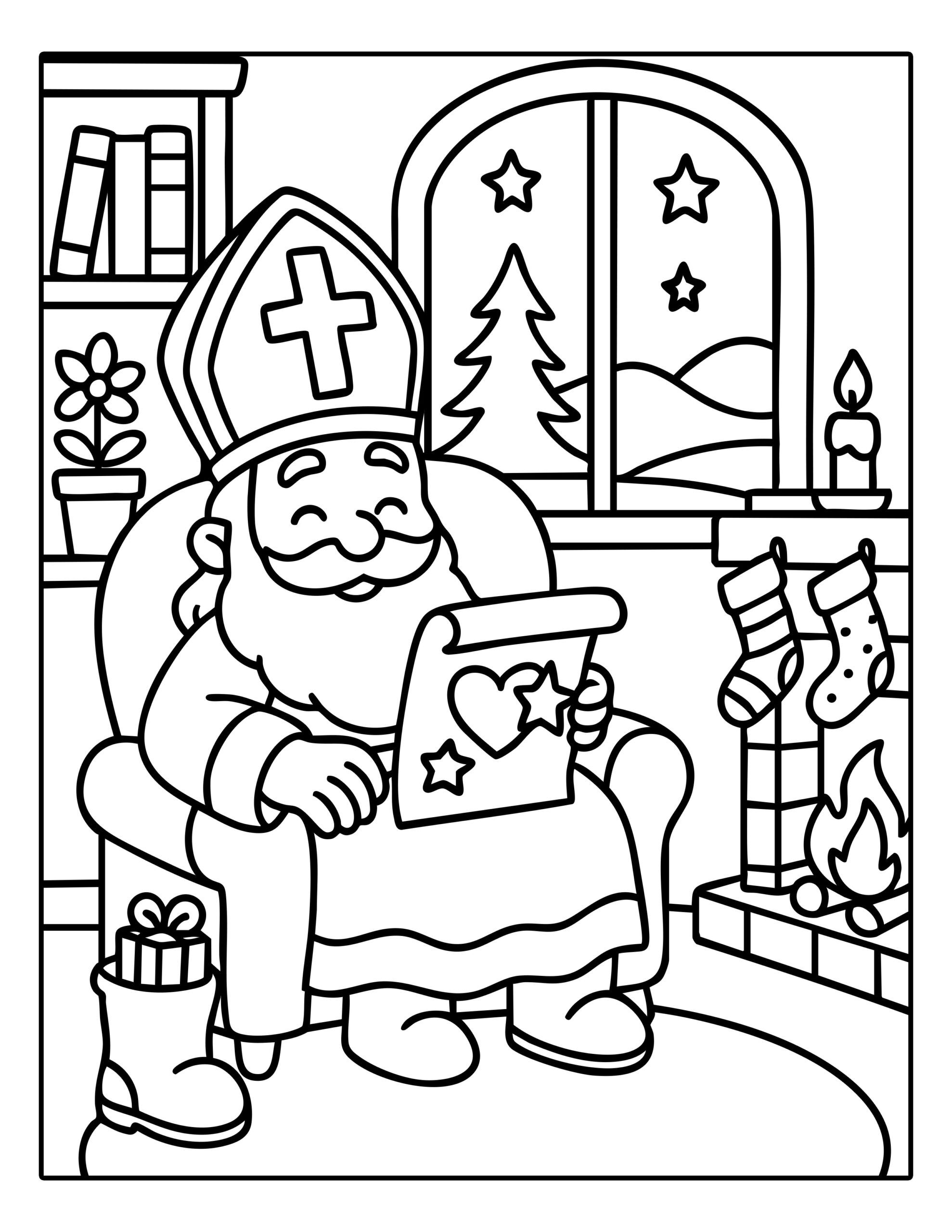 Kleurplaat van Sinterklaas die een kindertekening leest bij een warme open haard