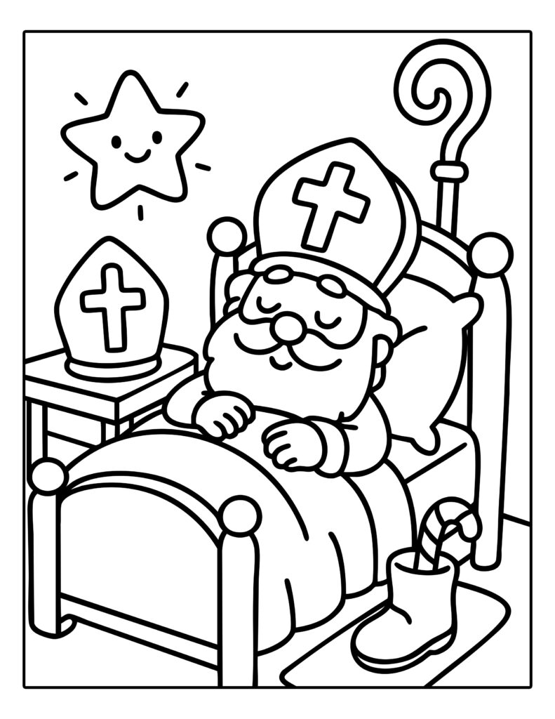 Kleurplaat van Sinterklaas die in bed slaapt met een schoen vol snoep naast het bed