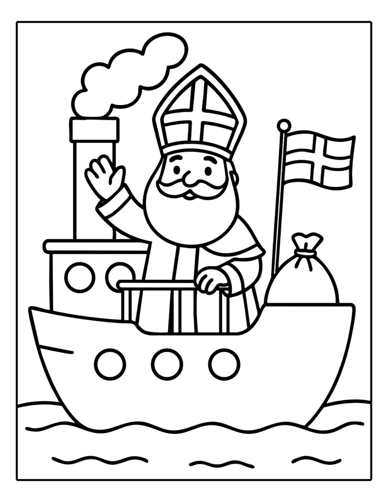 Kleurplaat van Sinterklaas die vrolijk zwaait vanaf zijn stoomboot, met vlag en cadeautjes