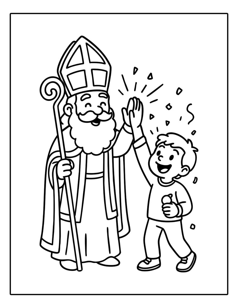 Kleurplaat van Sinterklaas die een high five geeft aan een blij kind met een snoepje
