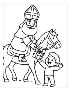 Gratis kleurplaat van Sinterklaas op zijn paard die een cadeautje geeft aan een blij kind