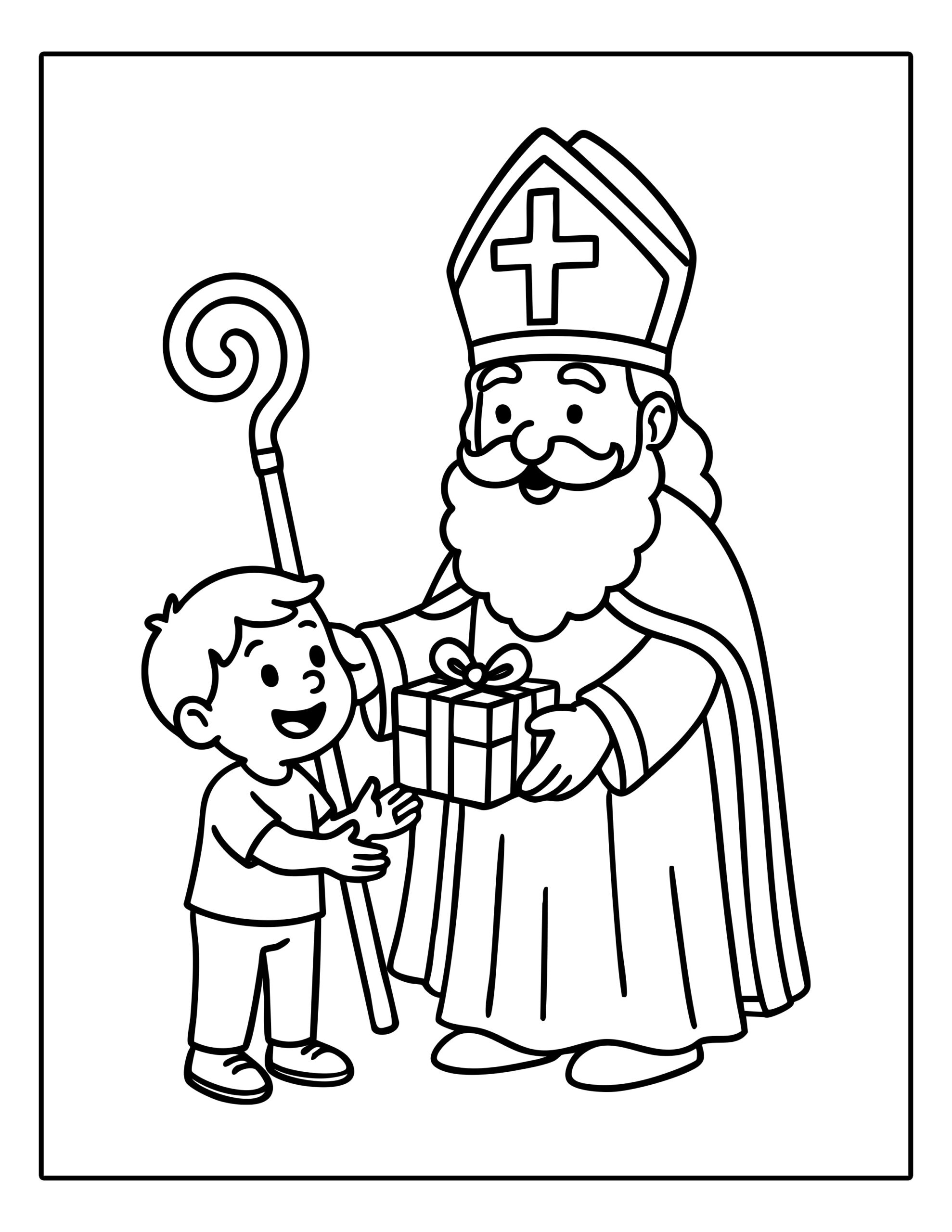 Gratis kleurplaat van Sinterklaas die een cadeau geeft aan een blije jongen