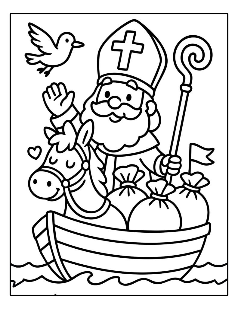 Gratis kleurplaat van Sinterklaas in een boot met paard en cadeautjes