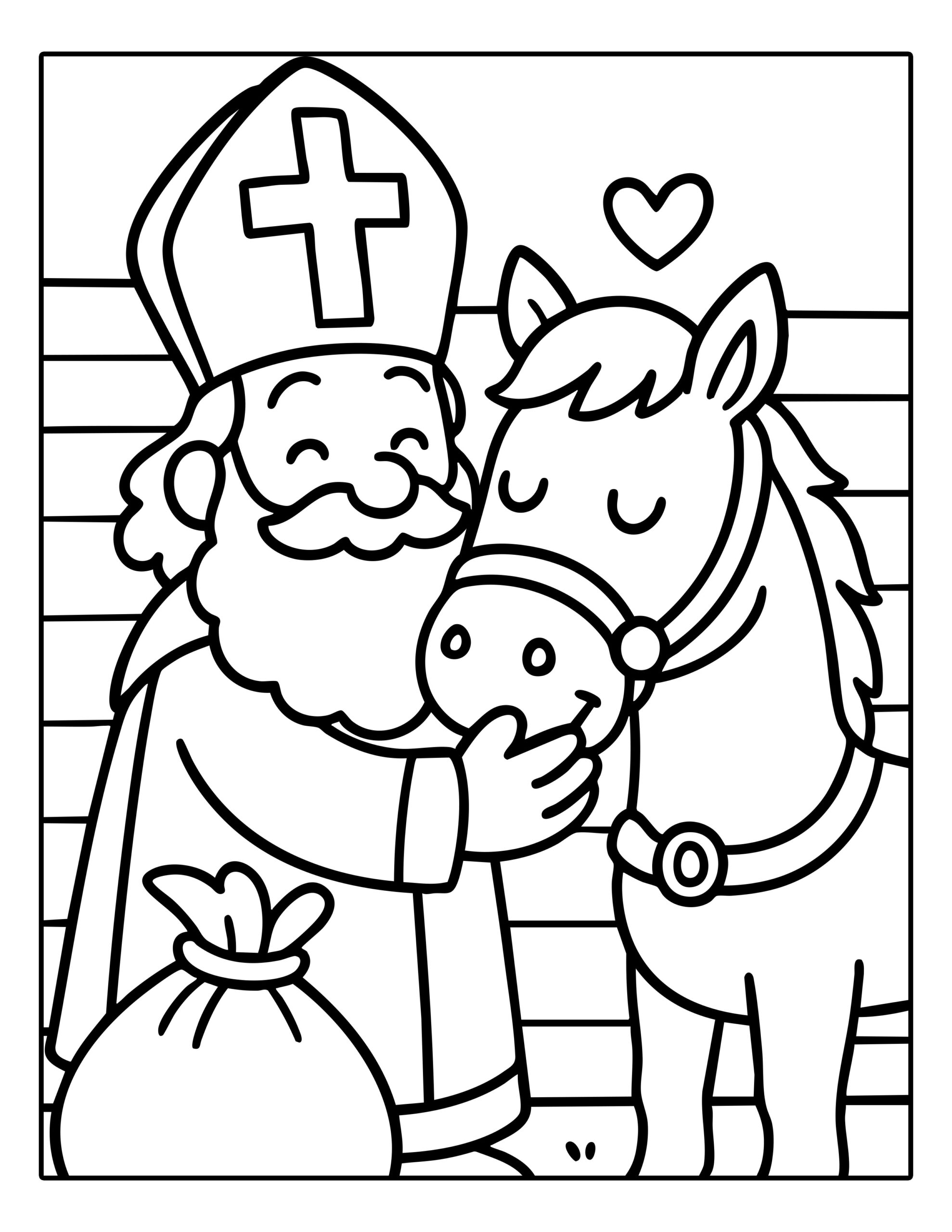 Gratis kleurplaat van Sinterklaas die zijn paard knuffelt met een hartje erboven
