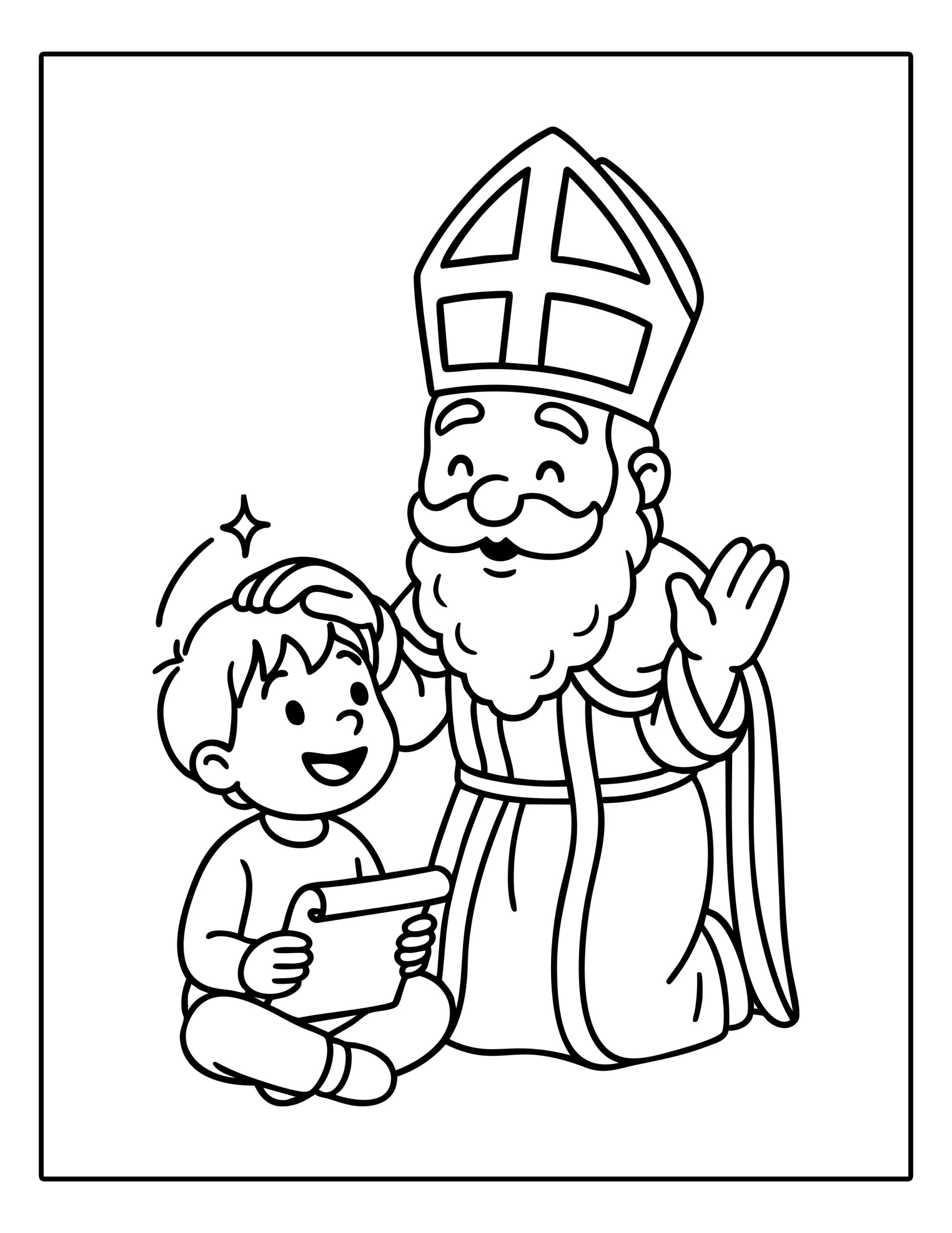 Gratis kleurplaat van Sinterklaas die een kind aait en een brief ontvangt