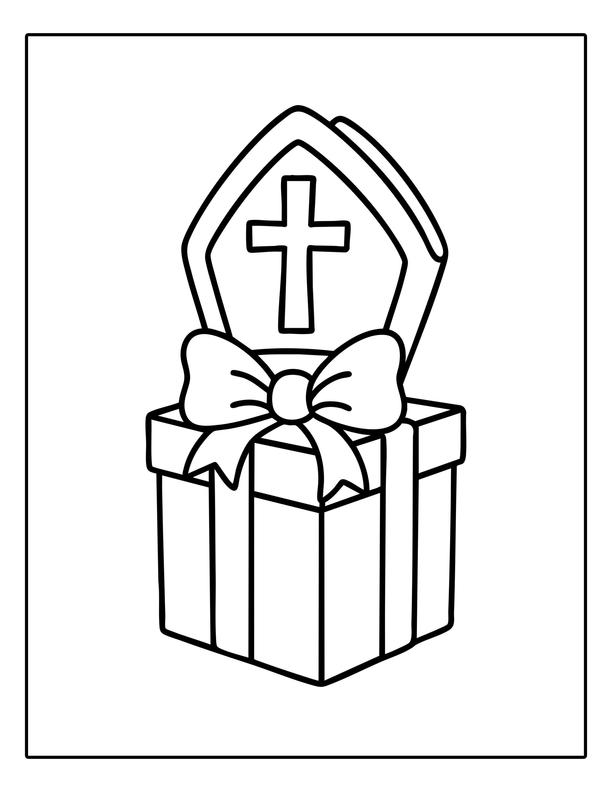 Gratis kleurplaat van een cadeau met een mijter van Sinterklaas en een strik