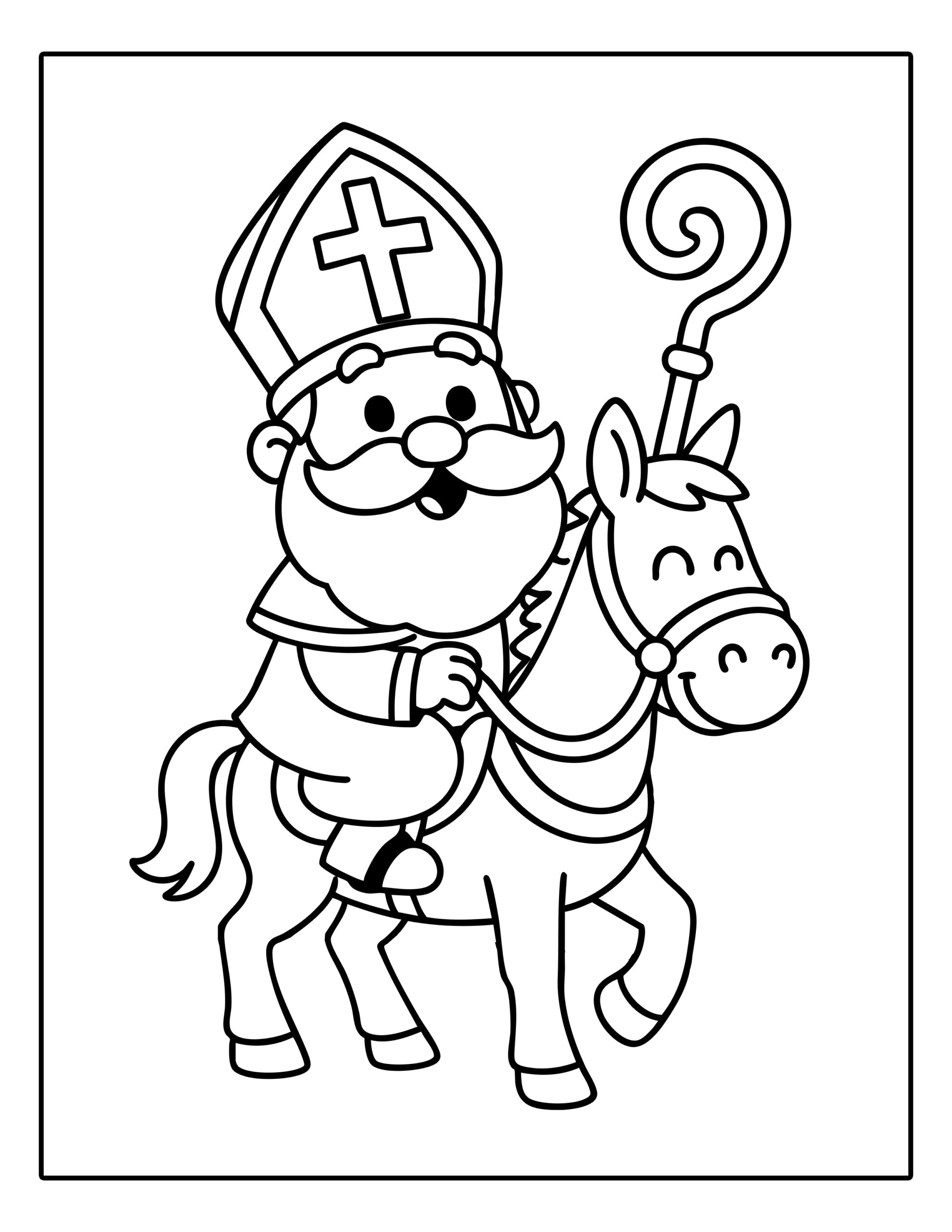 Gratis kleurplaat van Sinterklaas die op zijn paard rijdt met staf