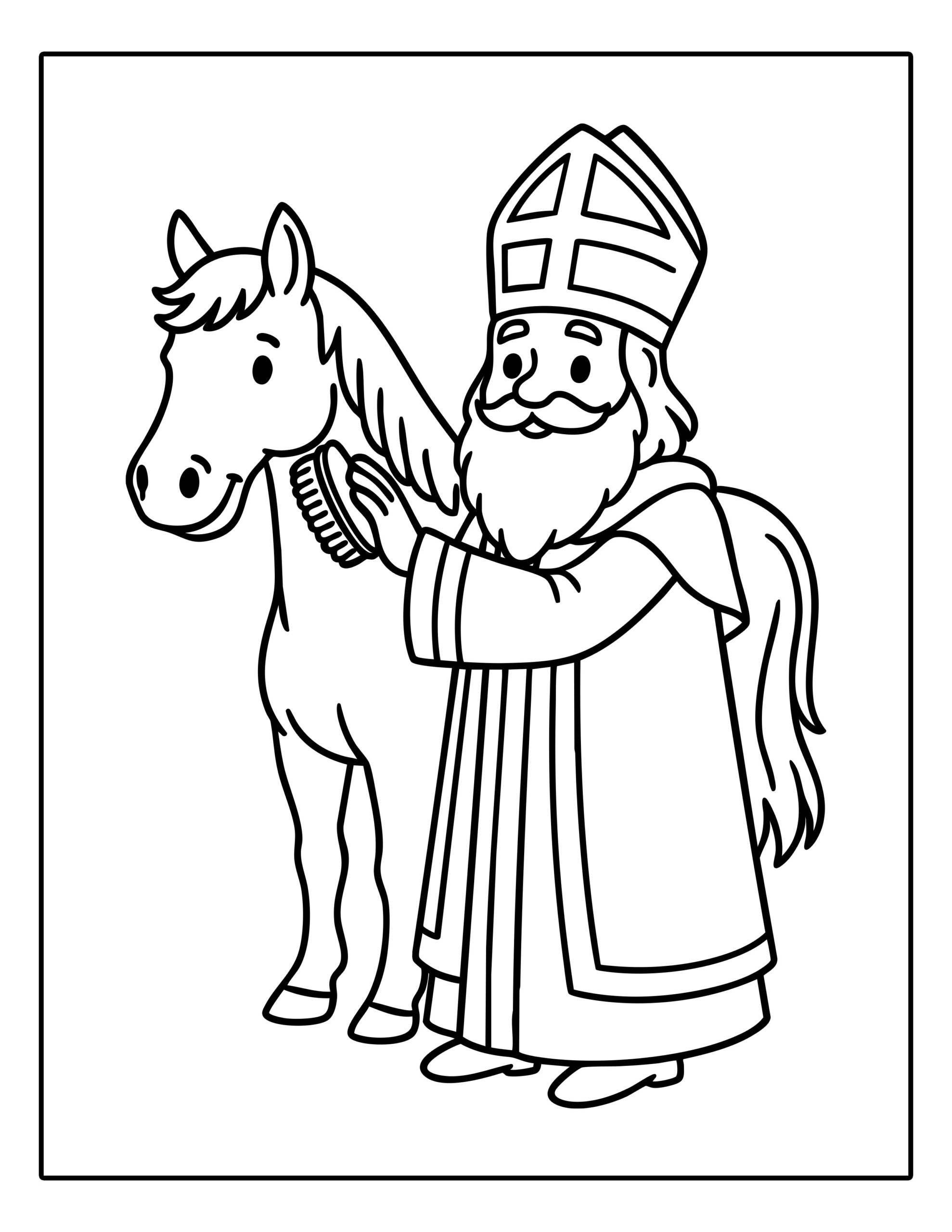 Gratis kleurplaat van Sinterklaas die de manen van zijn paard borstelt