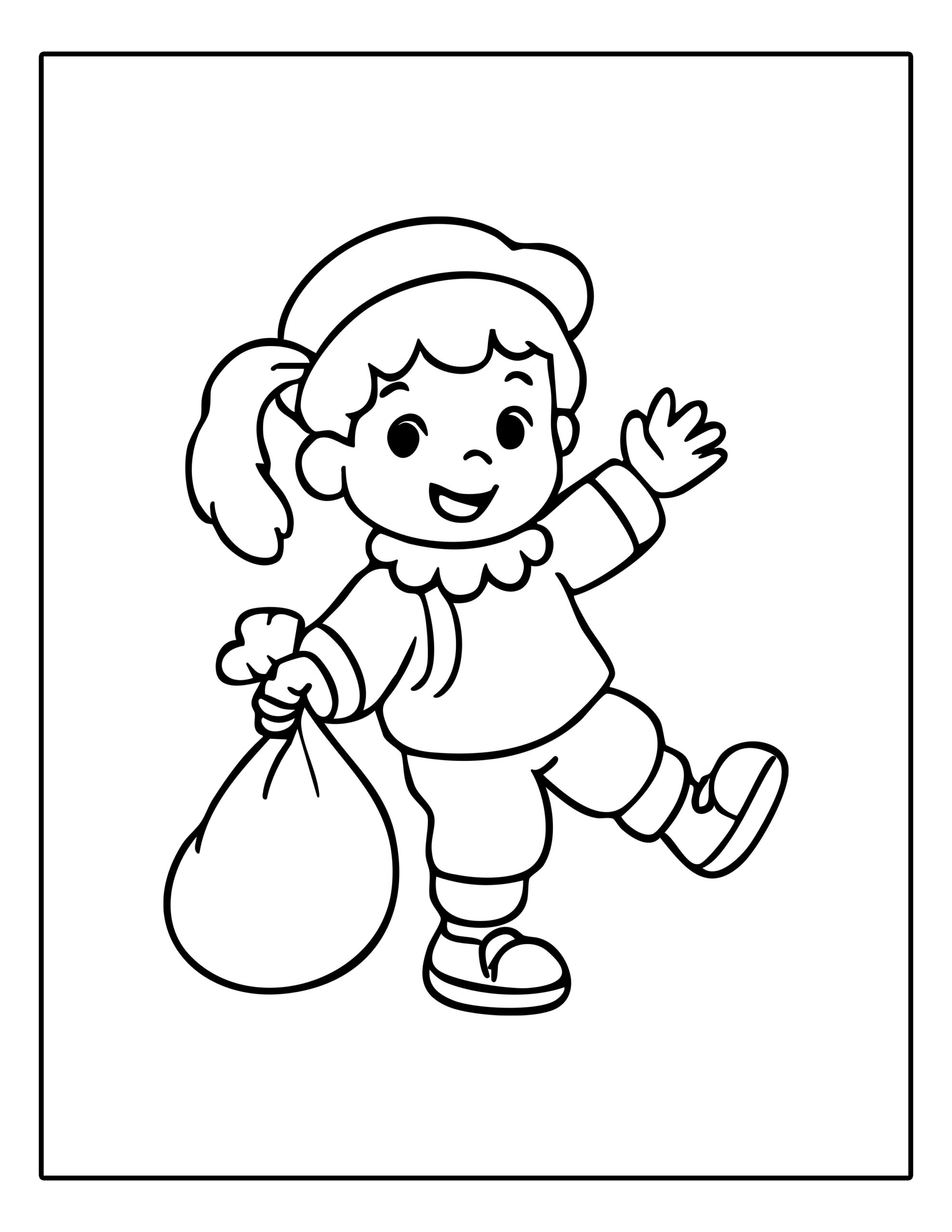 Gratis kleurplaat van een meisje verkleed als Piet met een zak vol cadeautjes