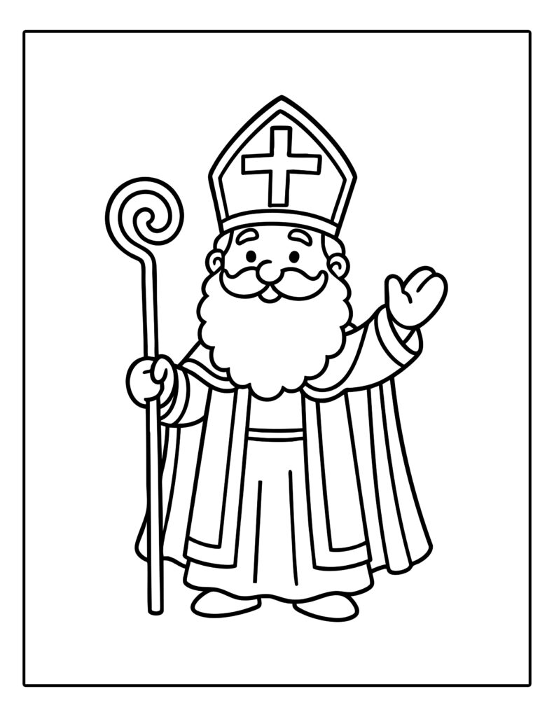 Gratis kleurplaat van Sinterklaas die vrolijk zwaait met zijn staf