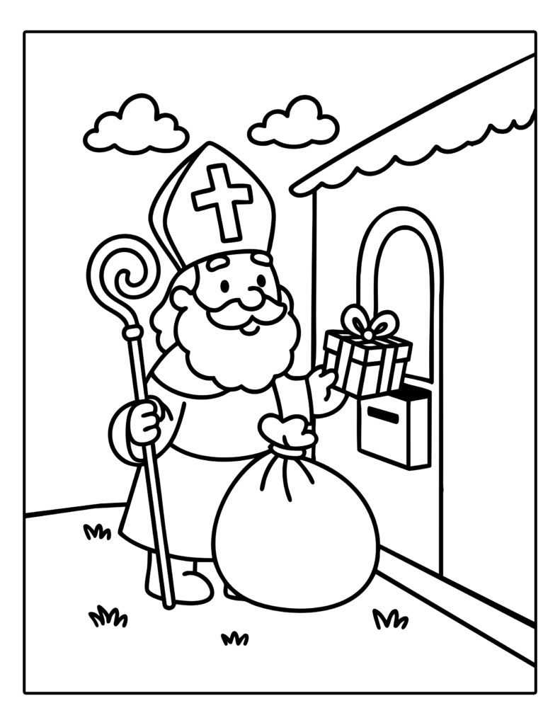 Gratis kleurplaat van Sinterklaas die een cadeautje bezorgt bij een huis
