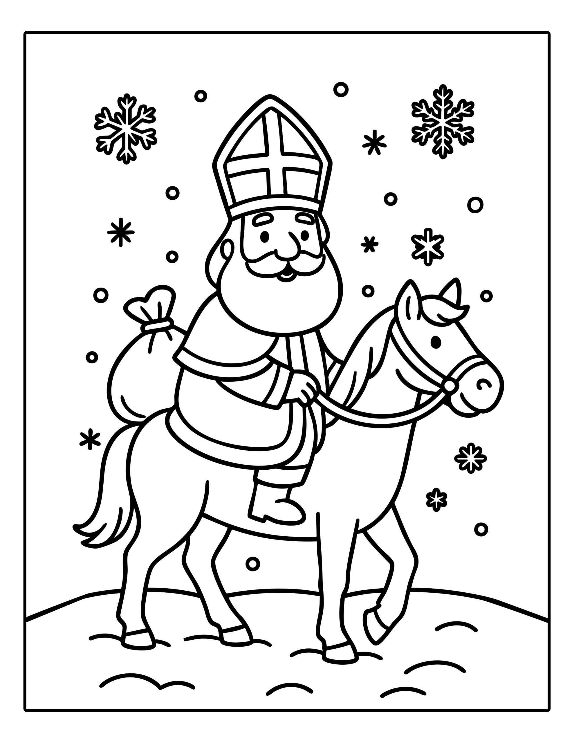 Gratis kleurplaat van Sinterklaas op zijn paard in de sneeuw