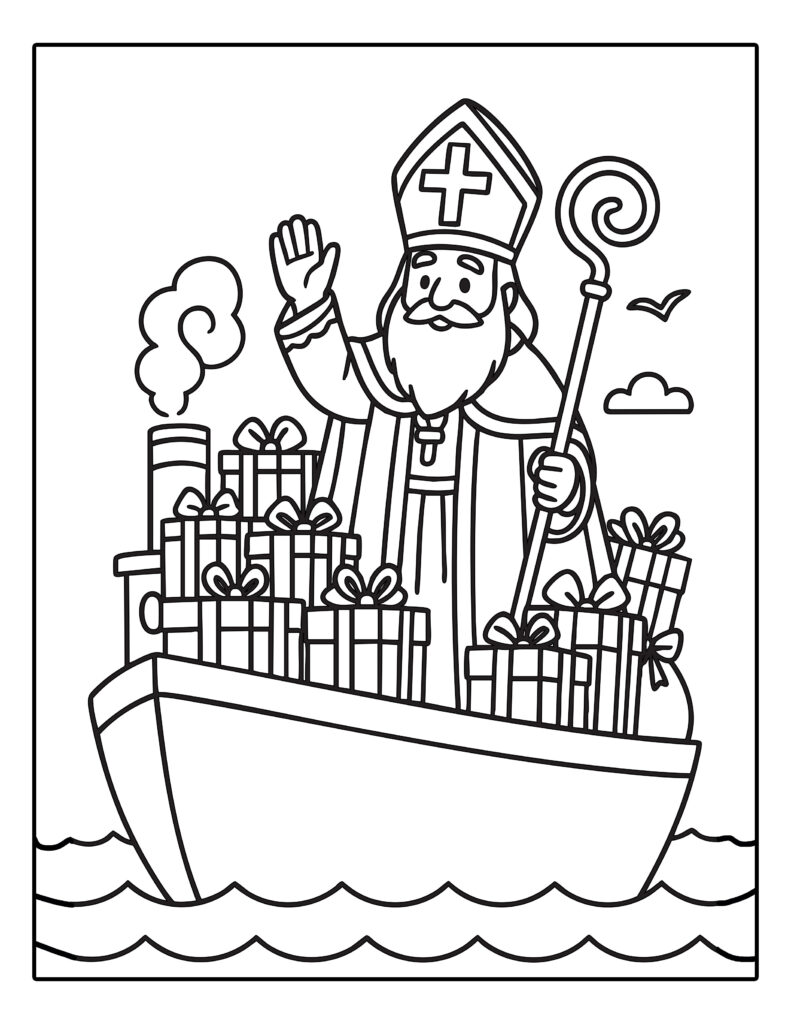 Gratis kleurplaat van Sinterklaas op de stoomboot vol met cadeautjes