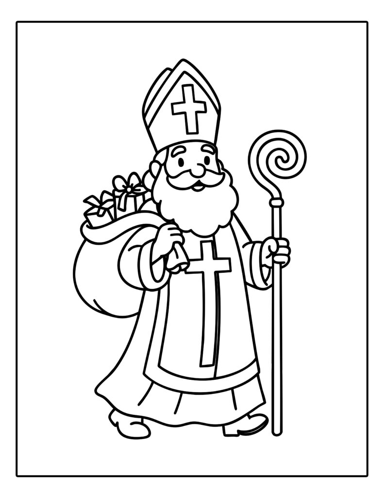 Gratis kleurplaat van Sinterklaas die loopt met een staf en een grote zak vol cadeautjes