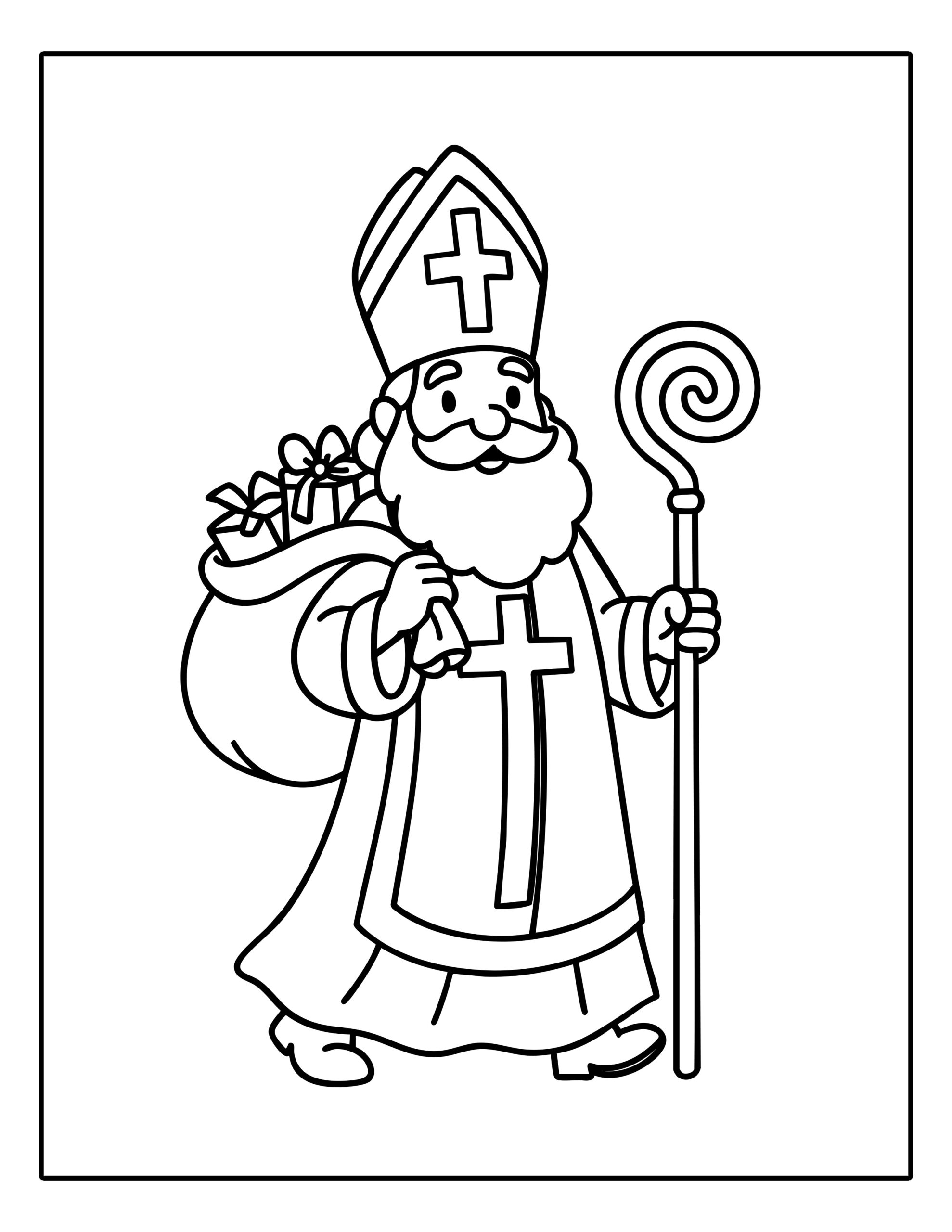 Gratis kleurplaat van Sinterklaas die loopt met een staf en een grote zak vol cadeautjes