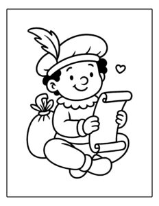 Gratis kleurplaat van een vrolijke Piet die een brief leest met een zak vol cadeautjes