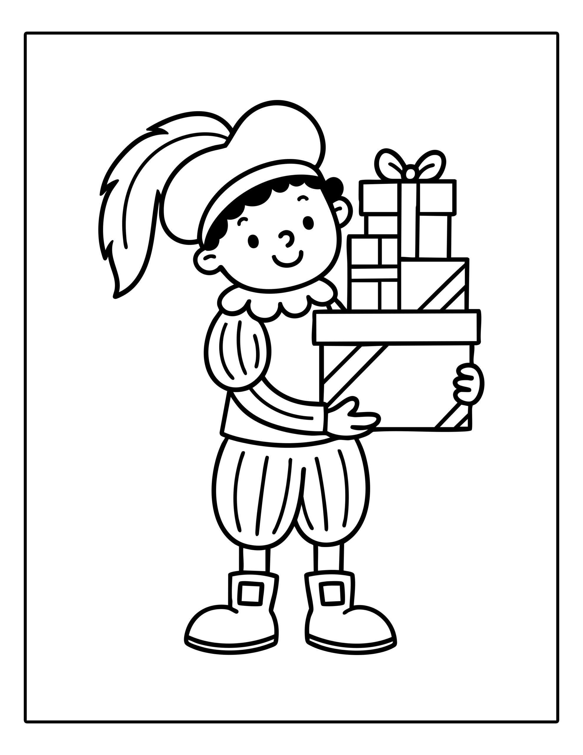 Gratis kleurplaat van een vrolijke Piet met een grote stapel cadeautjes