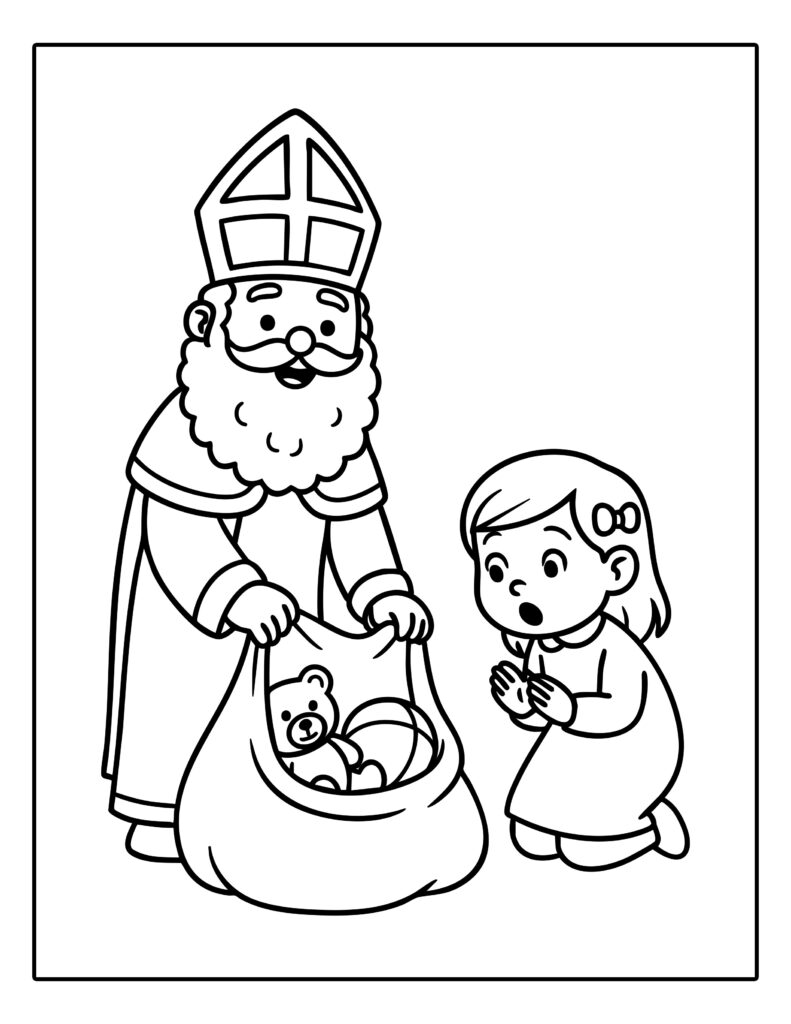 Gratis kleurplaat van Sinterklaas die een meisje verrast met een zak vol speelgoed