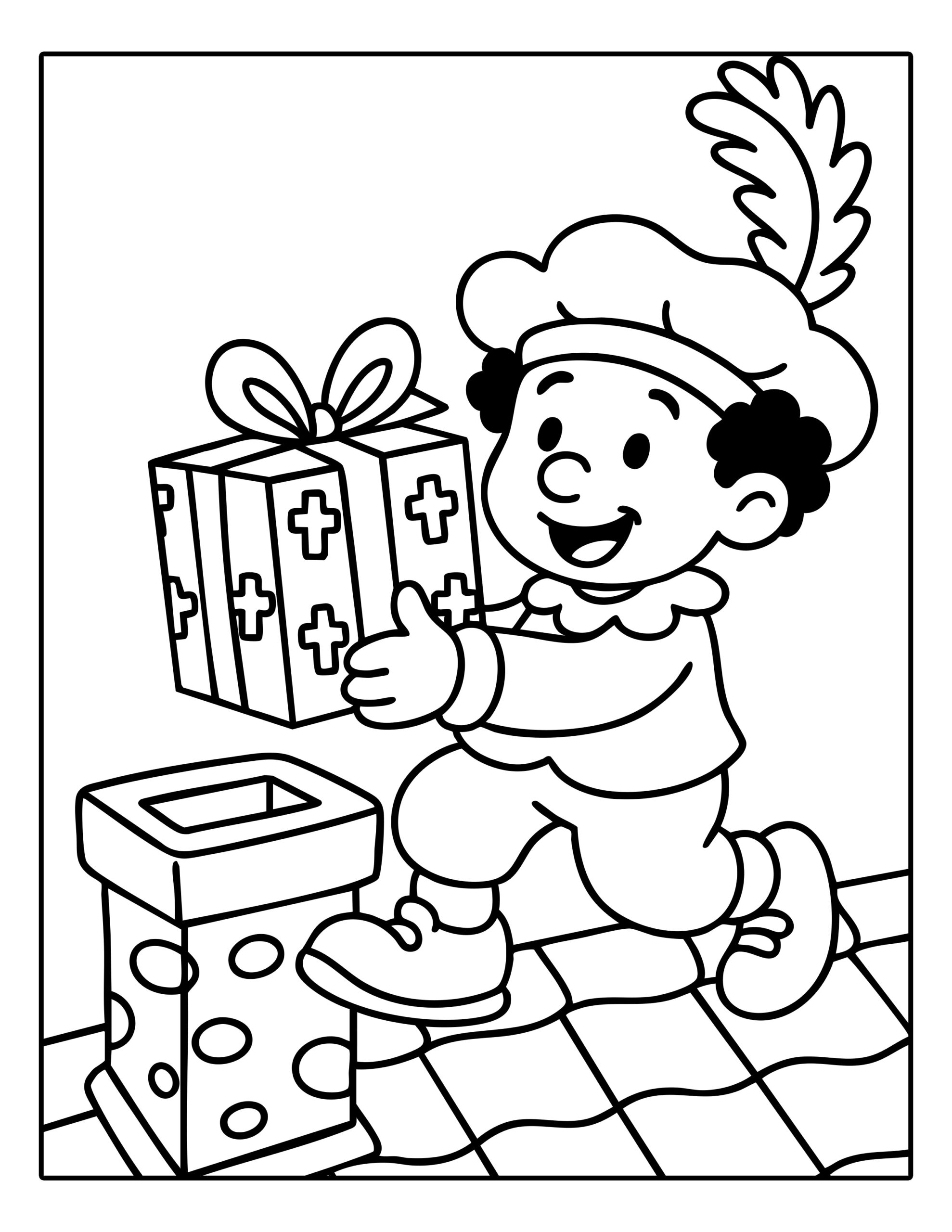 Gratis kleurplaat van pietje dat een cadeau in de schoorsteen gooit tijdens Sinterklaas