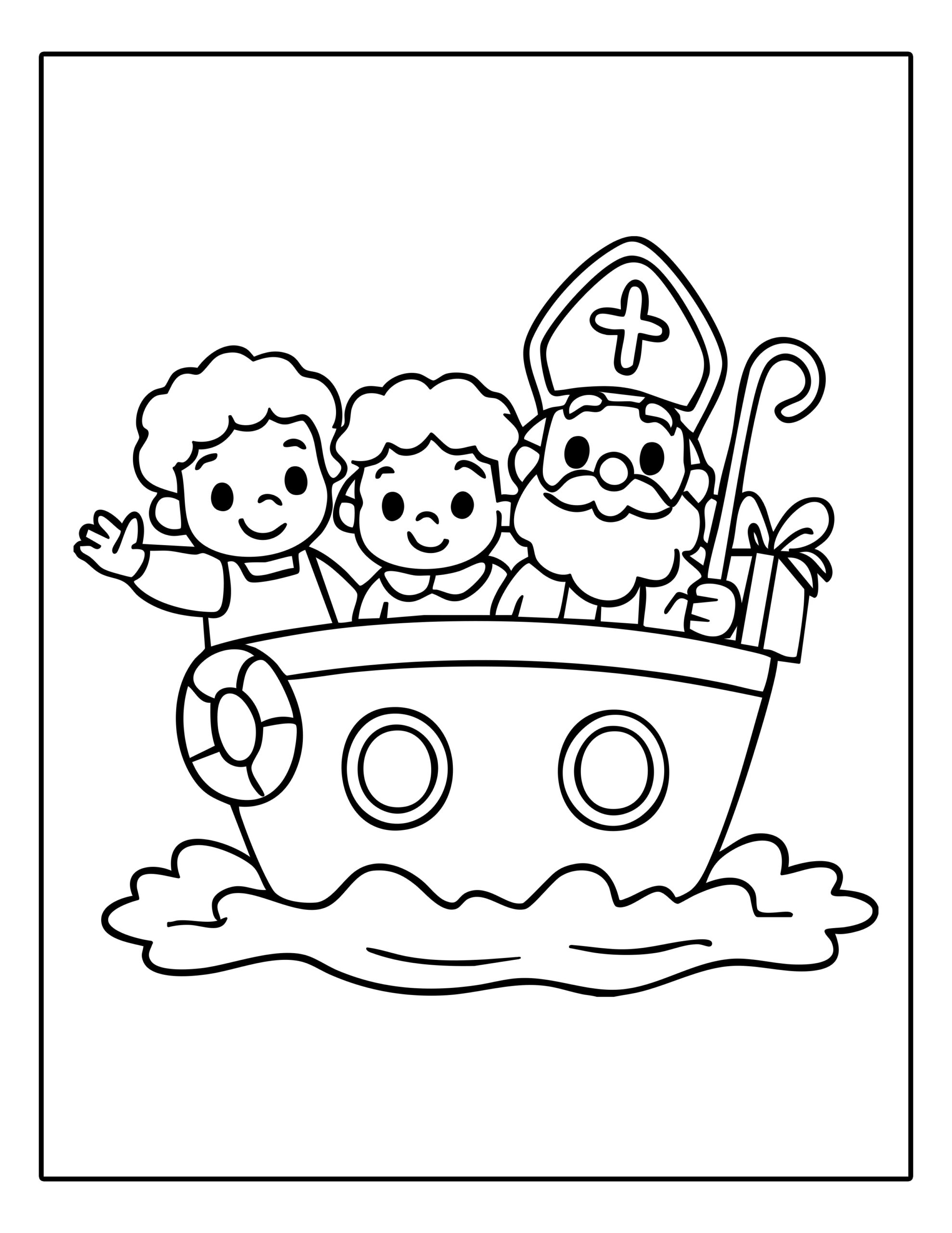 Gratis kleurplaat van Sinterklaas op de boot samen met twee vrolijke kinderen en cadeautjes