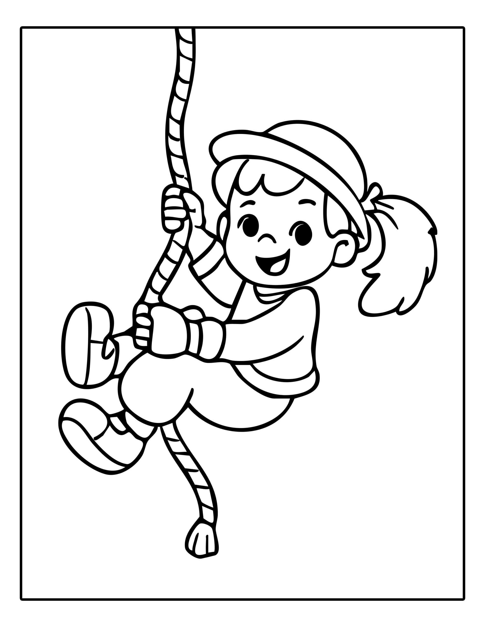 Gratis kleurplaat van een vrolijke Piet die aan een touw omhoog klimt tijdens Sinterklaas