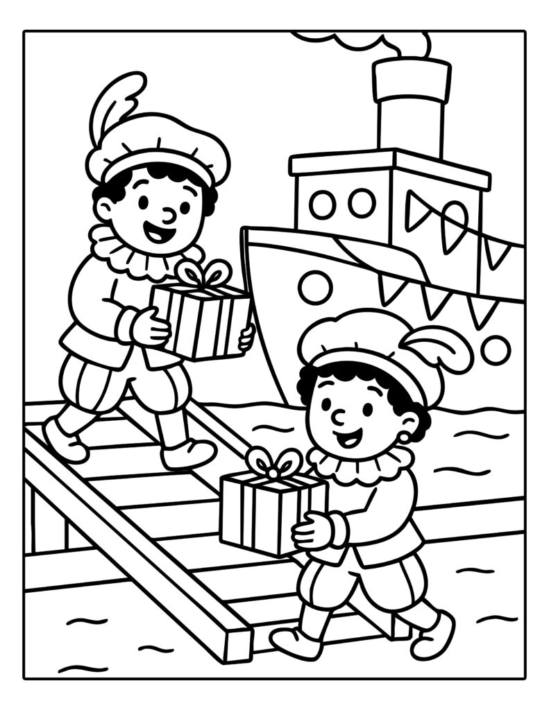 Gratis kleurplaat van twee Pieten die cadeautjes van de stoomboot halen
