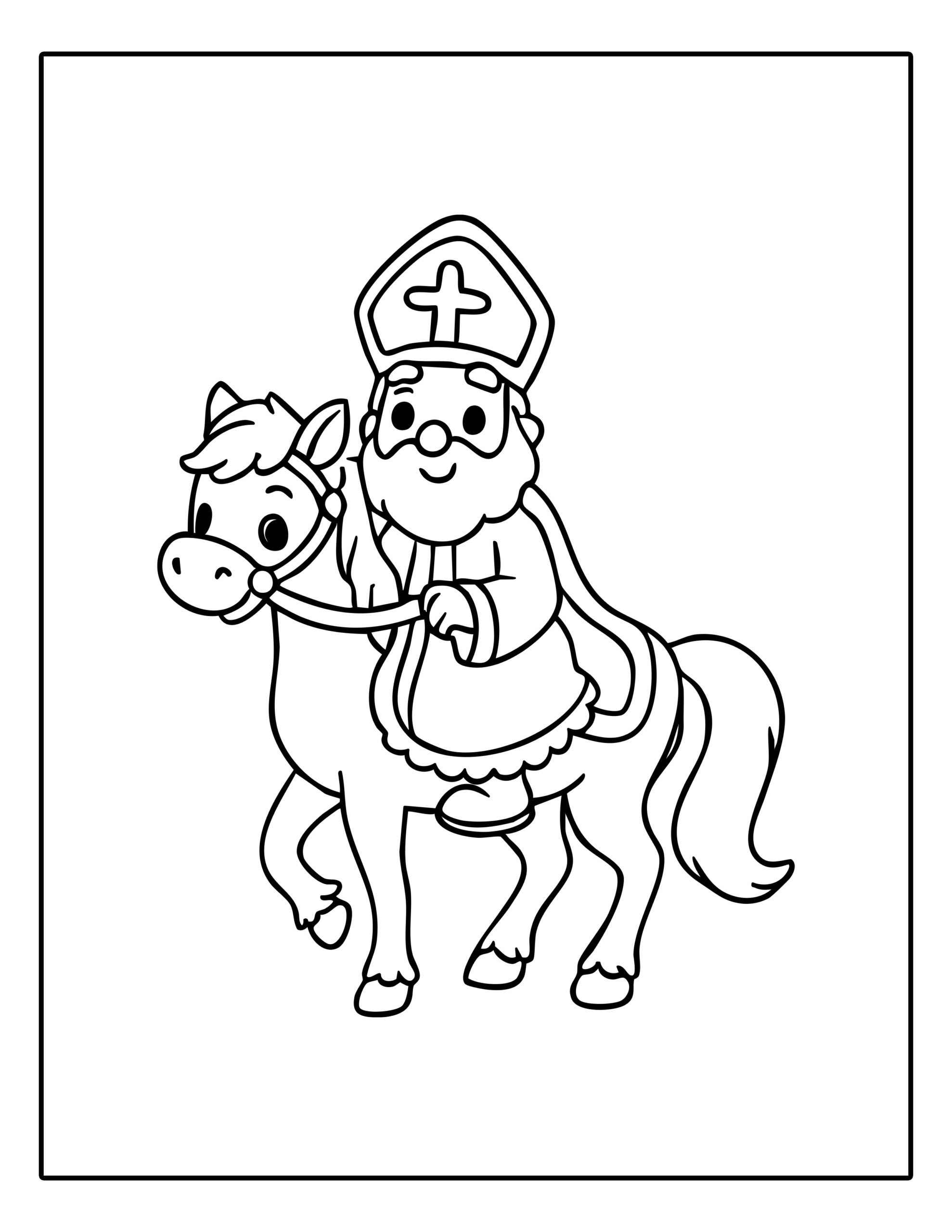 Gratis kleurplaat van Sinterklaas op zijn paard Amerigo om in te kleuren