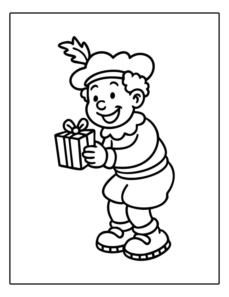 Gratis kleurplaat van een vrolijke piet die een cadeau vasthoudt