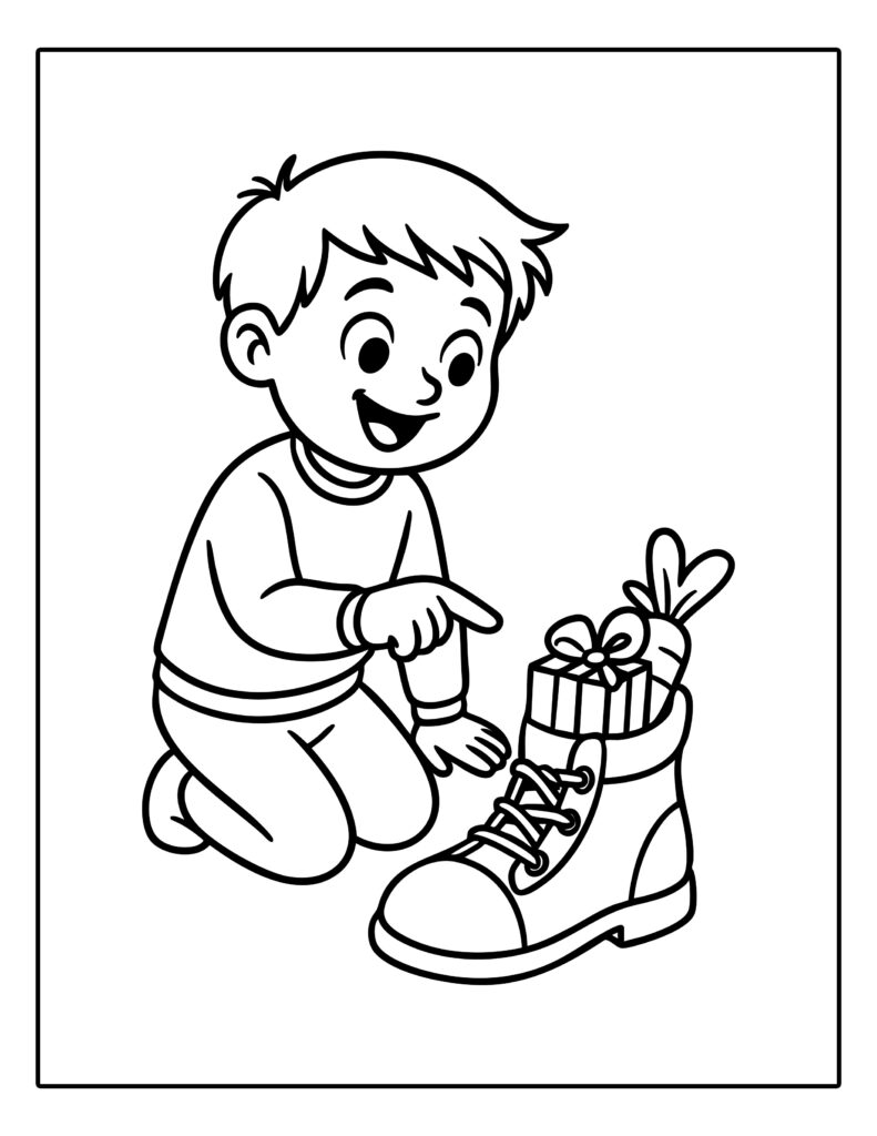 Gratis kleurplaat van een jongen die zijn schoen gevuld ziet met cadeautjes