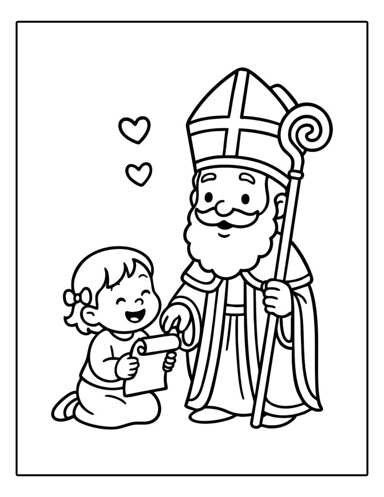 Gratis kleurplaat van een kind dat een brief aan Sinterklaas geeft