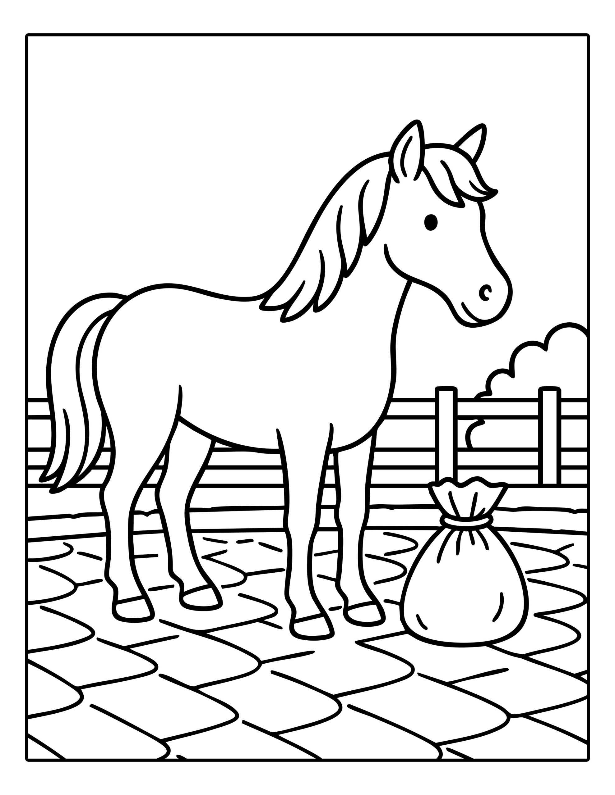 Gratis kleurplaat van het paard van Sinterklaas op het dak met een zak vol cadeautjes