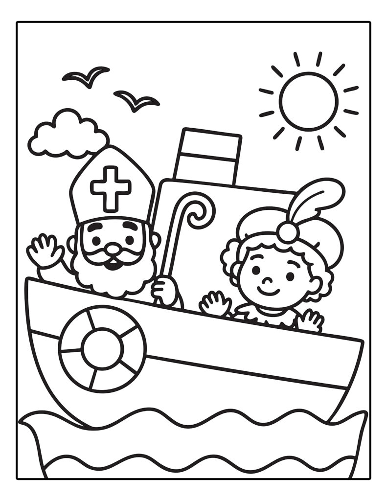 Gratis kleurplaat van Sinterklaas en piet op de stoomboot over zee