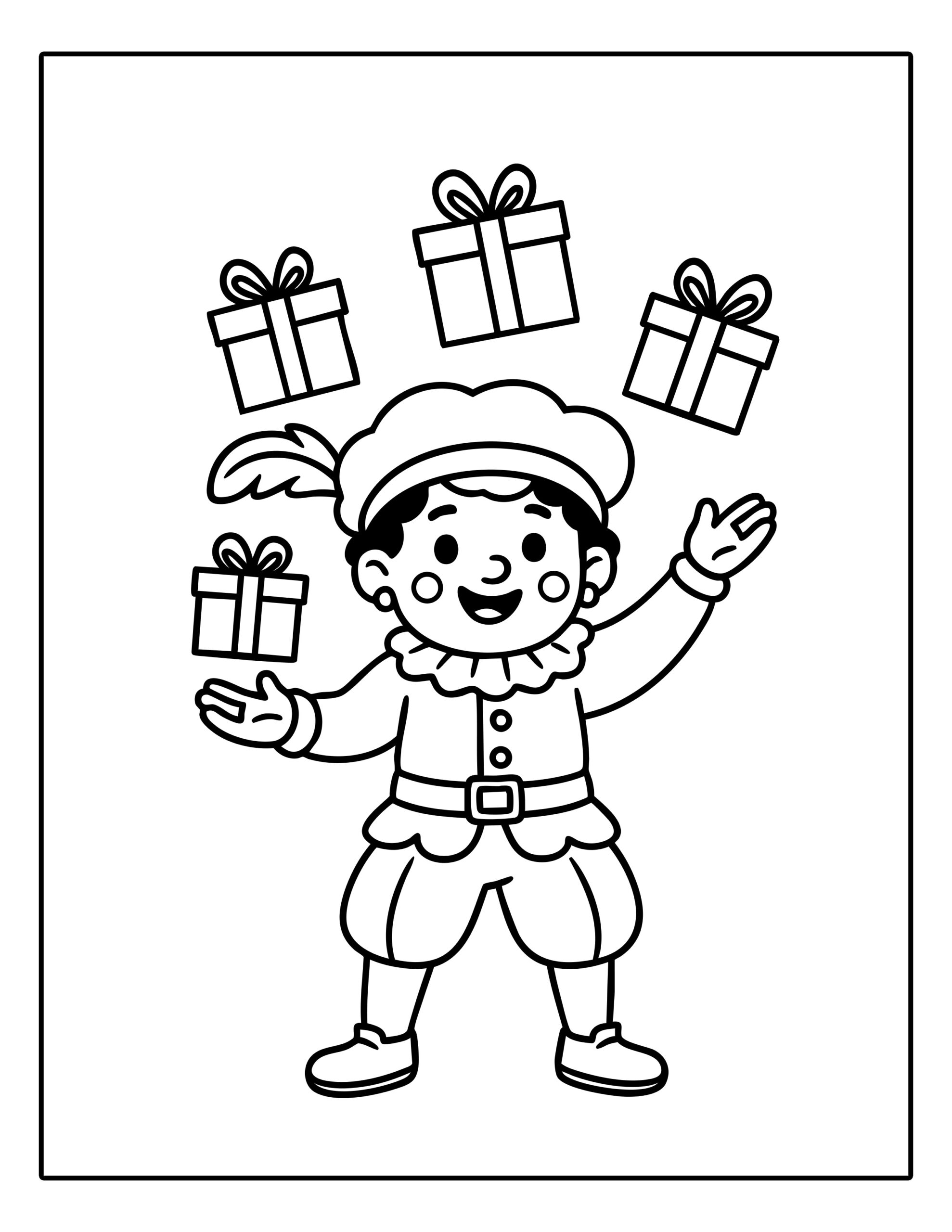 Gratis kleurplaat van een Pietenkind dat cadeautjes gooit om in te kleuren