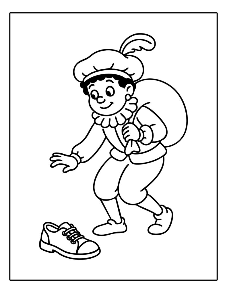 Gratis kleurplaat van een vrolijk pietje dat een schoen ontdekt om er cadeautjes in te stoppen