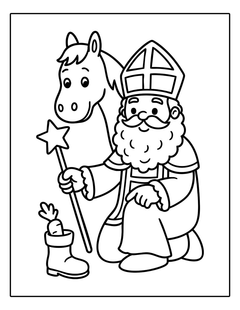 Gratis kleurplaat van Sinterklaas en zijn paard met een schoen en wortel om in te kleuren