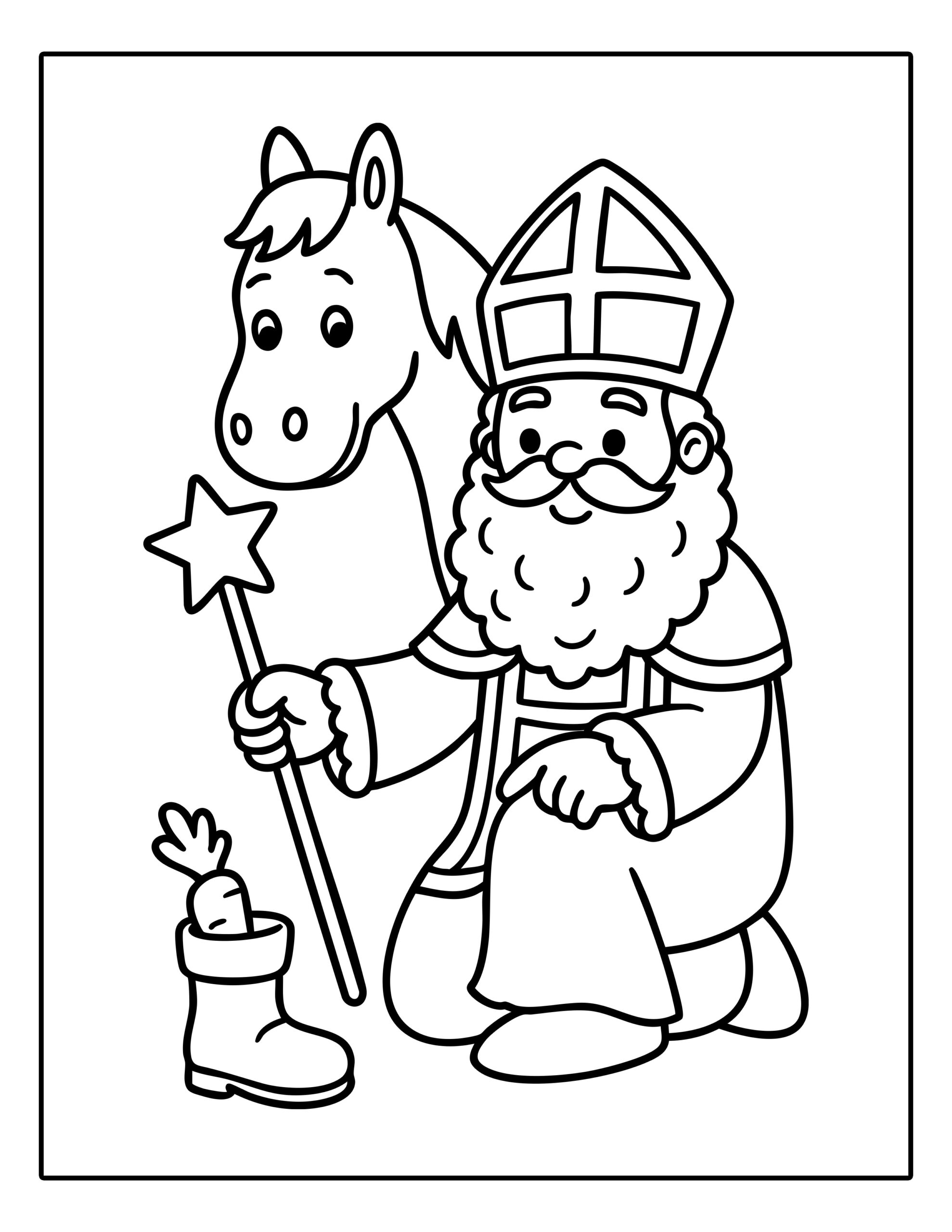 Gratis kleurplaat van Sinterklaas en zijn paard met een schoen en wortel om in te kleuren