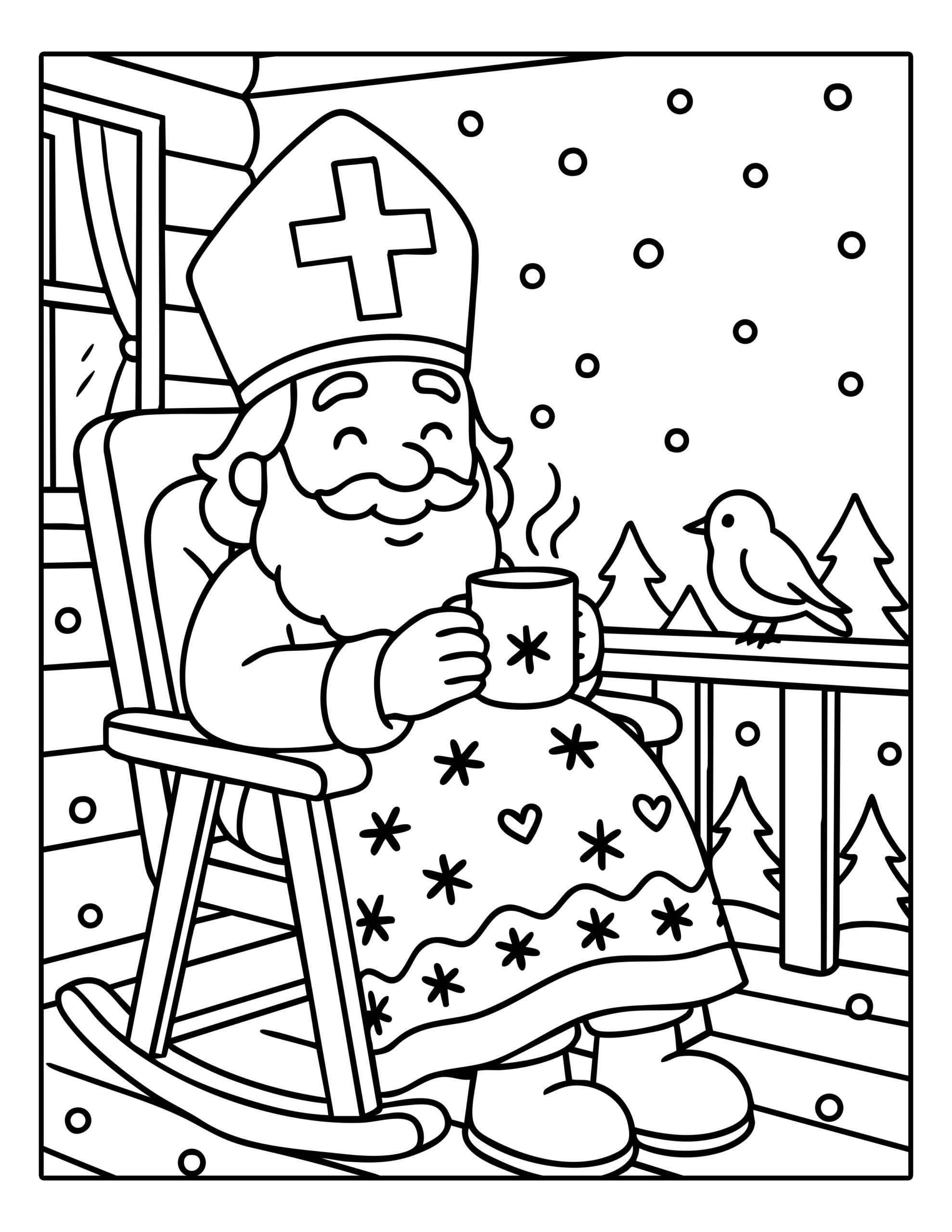 Gratis kleurplaat van Sinterklaas in een schommelstoel met een kop warme chocolademelk
